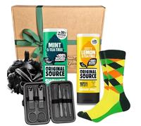 Men’s Shower Gift Set - Original Source Zesty Lemon & Mint & Tea Tree Shower Gels (250ml), Puff Loofah, Funky Men’s Socks, Manicure Set in Black Case - Perfect Gift