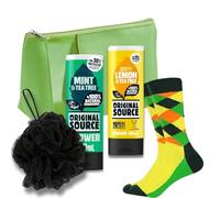 Men’s Shower Gift Set - Original Source Zesty Lemon & Tea Tree + Zingy Lime Shower Gels (250ml), Shower Loofah, Colourful Men’s Socks & Bright Green Microfibre Toiletry Bag - Perfect Gift for Him