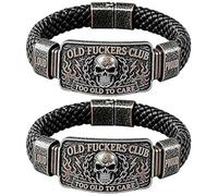 Men’S Skull Biker Bracelet, Old Fuckers Club Men's Vintage Skull Flame Biker Braided Bracelet, Engarved Too Old to Care Motorcycle Rider Wristband, Novelty Prank Gifts for Friend Dad Husband (2pcs)
