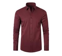 Men‘s Slim Fit Linen Shirt | Non-Iron Elastic, Solid Color Lapel Casual Top with Polo Style for Breathable Summer Wear Wine XL