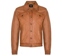 Men’s Smooth Casual Tan Trucker 100% Leather Shirt Jeans Jacket 3XL