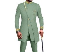 Men`s Suit Double Breasted Slim Fit Embroidery Chain Blazer and Pants Set Dashiki Outfits African Clothes, Light Green, L
