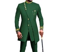 Men`s Suit Double Breasted Slim Fit Embroidery Chain Blazer and Pants Set Dashiki Outfits African Clothes, Green, XL