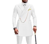 Men`s Suits Slim Fit Blazer and Pants Set Dashiki Outfits with Bow Tie Chain Kerchief African Clothes Wedding, White, L