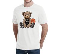 Men’s T Shirts for Training & Fitness Short Sleeved Crew Neck Graphic Women’s Tee Shirt with Basketball Teddy Bear Sticker Soft Cotton & Fast Drying Running & Gym Tops (Medium, White)