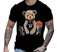 Men’s T Shirts for Training & Fitness Short Sleeved Crew Neck Graphic Women’s Tee Shirt with Basketball Teddy Bear Sticker Soft Cotton & Fast Drying Running & Gym Tops (Large, Black)