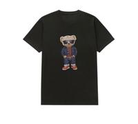 Men’s T Shirts for Training & Fitness Short Sleeved Crew Neck Graphic Women’s Tee Shirt with Sunglasses Teddy Bear Sticker Soft Cotton & Fast Drying Running & Gym Tops (Medium, Black)
