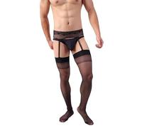Men’s Tights Suspender Pantyhose Sissy Sexy Lingerie Stockings Garter Belt Set for Men, Black, XL