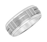 Men’s Tungsten Carbide Wedding Band - 8mm White Tungsten Ring Crystalline Sand Brushed Center, Horizontal & Vertical Line Engravings, Beveled Edges, Flat Profile, Comfort Fit, Anti-Scratch &, Tungsten