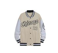 Men 's Varsity Jacket Letters Bear Print Baseball Bomber Jackets vintage Streetwear Coat With Patchwork Hipster Utility Tops (B-Beige, S)