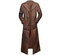 Men’s Vintage Classic German Military Officer WW2 Long Leather Trench Coat Jacket Collection. Real Leather Military Officer Uniform. (Brown Real Leather, L)
