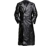 Men’s Vintage Classic German Military Officer WW2 Long Leather Trench Coat Jacket Collection. Real Leather Military Officer Uniform. (Black Real Leather, L)