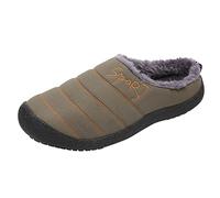 Men’s Waterproof Indoor Outdoor Slippers with Plush Fleece Lining, Non-slip Rubber Sole Warm Mule House Shoes, Quilted Upper with Embroidered Text Design, Shock-Absorbing Sole for Comfortable Wear