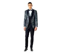 Men’s Wedding Tuxedo 3 Piece Suit Gold Floral Glitter Print on Black Tailored Fit [SUIT-V8239-2-ALINO-GREEN-UK/US 40, EU 50]