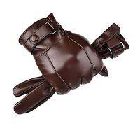 Men’s Winter Autumn Black Brown Smooth PU Leather Plus Thick Velvet Touch Screen Gloves, Brown, One size