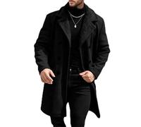 Men’s Winter Coat Long Overcoat Casual Jackets Notched Lapel Trench Coat Fuzzy Warm Double Breasted Pea Coat for Men Black Small
