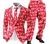 Men’s Xmas Funny Suit - 2 Piece Ugly Reindeer Santa Print - One Button Blazer Pants Slim Fit Long Sleeve Holiday Fancy Dress Red