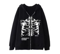 Men‘s Y2K Skeleton Zip Up Hoodie Grunge Dark Academia Sweatshirt Goth Punk Emo Jacket Loose Long Sleeve Clothing, Black-white Skeleton, Large