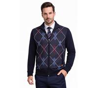Men’s Zip Up Knitted Cardigan Jumper - Classic Diamond Pattern Warm Winter Knitwear, Long Sleeve Smart Casual Mens Argyle Print Zipper Sweater with Pockets,Comfortable Regular Fit wear (Navy, XXL)