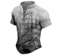 Men Sailboat Graphic Short Sleeve T Shirt Stand Collar Lace Up Henley Shirts Vintage 3D Printed Top Outdoor Tactical Stand Neck Tee Shirt Grey