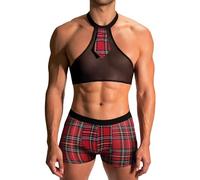 Men Santa Lingerie Set Sexy Plaid Underwear Set Halterneck Hook Back Tank Top Boxer Brief Santa Hat Role Play 3 Pack L