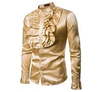 Men Satin Ruffle Shirts Long Sleeve Silk Like Satin Stand Collar Solid Color Slim Fit Casual Shirt (Golden, XL)