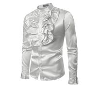 Men Satin Ruffle Shirts Long Sleeve Silk Like Satin Stand Collar Solid Color Slim Fit Casual Shirt (White, S)