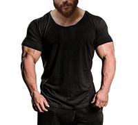 Men Scoop Neck T Shirts Short Sleeve Muscle Cut Tee Tops for Athletic Gym Workout Bodybuilding Build 100% Washed Cotton Color Black Size S