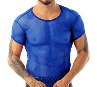 Men See Through Short Sleeve Mesh T-Shirts Fishnet Fitted Shirts for Muscle Tops Blue L