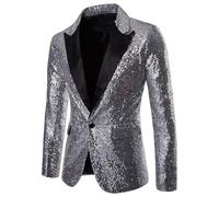 Men Sequin Shiny Prom Blazer Jacket Long Sleeve Lapel Disco Metallic Suit Tuxedo Party Prom Suit Jacket Fashion Glitter Tuxedo for Wedding Banquet (Silver, 2XL)