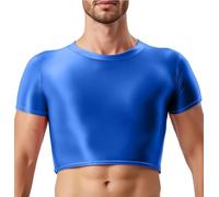 Men Sexy See Through Glossy Oil Crop Top Short Sleeve Round Neck Shiny Basic Casual T Shirt Muscle Half Tank Tops for Club Party Blue S