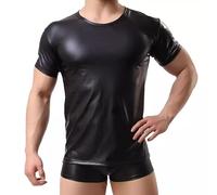 Men Shiny Leather T-Shirt, Soft Matte, Plus Size, Short Sleeve Tops for Male, Black, Black, XXL