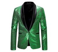 Men Shiny Sequin Blazer Prom Nightclub Suit Jacket Sparkly Casual Sport Coat, Green, L