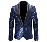 Men Shiny Sequin Blazer Prom Nightclub Suit Jacket Sparkly Casual Sport Coat, Navy, M