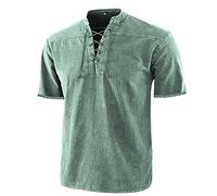 Men Shirt Summer Basic V-Neck Short-Sleeved Men T-Shirt Hip Hop Style Trend Lacing Design Men Leisure Shirt Sandy Beach Travel Men Denim Shirt