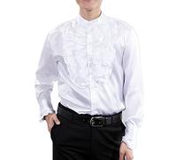 Men Shirts Victorian Tuxedo Satin Long Sleeve Ruffle Stand-up Collar Blouses (L, White)