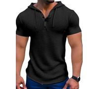 Men Short Sleeve Sandy Beach Classic Drawstring Hoodie Fitness Comfortable Breathable Sportshirt Lightweight Fashion Leisure T-Shirt H-Black XXL