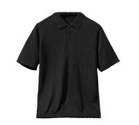 Men Short Sleeved 100% Merino Wool T Shirt Quarter Button Fly Polo Sweater Solid Color Knitted Tees Black L