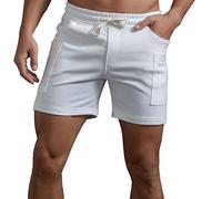 Men Shorts, Summer Casual Simple Solid Color Short, Slim Fit Drawstring Elastic Waist Sport Casual Short with Big Pocket, Thin Breathable Gym Fitness Pants, Summer Beach Shorts White