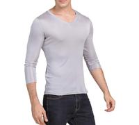 Men Silk Long Johns Shirt Long Sleeves Thermal Underwear Top V Neck Mulberry Silk Base Layer Undershirt Blouse (Silver,M)