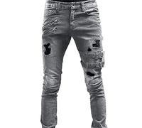 Men Skinny Fit Biker Jeans Destroyed Knee Holes Regular Slim Fit Tapered Stretch Fashionable Super Comfy Cotton Denim Jeans Grey
