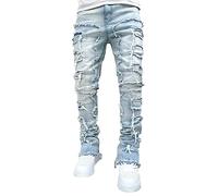 Men Slim Ripped Denim Jeans Skinny Frayed Distressed Broken Holes Trousers Fashion Zipper Hip-pop Long Pants (#9 Light Blue, S)