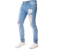 Men Slim Ripped Denim Jeans Skinny Frayed Distressed Broken Holes Trousers Fashion Zipper Hip-pop Long Pants (#6 Blue, L)