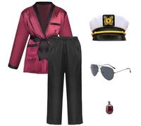 Men Smoking Robe Jacket With Black Pants Includes Captain Hat and Toy Pipe Costume Sunglasses, Red, Large