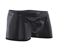Men Soft Leather Boxer, Sexy Short Pants Bulge Pouch, Shiny Matte, Plus Size, Black, Black, S