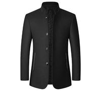 Men Stand Collar Retro Blazer Jacket Winter Solid Slim Fit Chinese Tunic Suit 5 Button Mandarin Collar Sport Coat, Black1, L