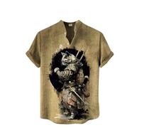 Men Stand Collar Short Sleeve Shirts Vintage Japanese Samurai Animal Cat 3D Printed Button Down Shirt Summer Casual Beach Holiday Tops