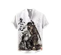 Men Stand Collar Short Sleeve Shirts Vintage Japanese Samurai Animal Cat 3D Printed Button Down Shirt Summer Casual Beach Holiday Tops