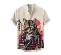 Men Stand Collar Short Sleeve Shirts Vintage Japanese Samurai Animal Cat 3D Printed Button Down Shirt Summer Casual Beach Holiday Tops