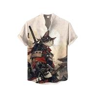 Men Stand Collar Short Sleeve Shirts Vintage Japanese Samurai Animal Cat 3D Printed Button Down Shirt Summer Casual Beach Holiday Tops